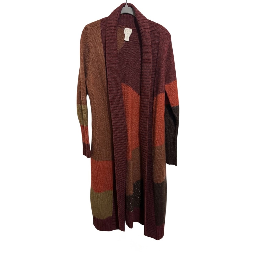 Chico's Duster Cardigan Women 1 M Whimsigoth Boho Colorblock Wool Blend Shimmer
